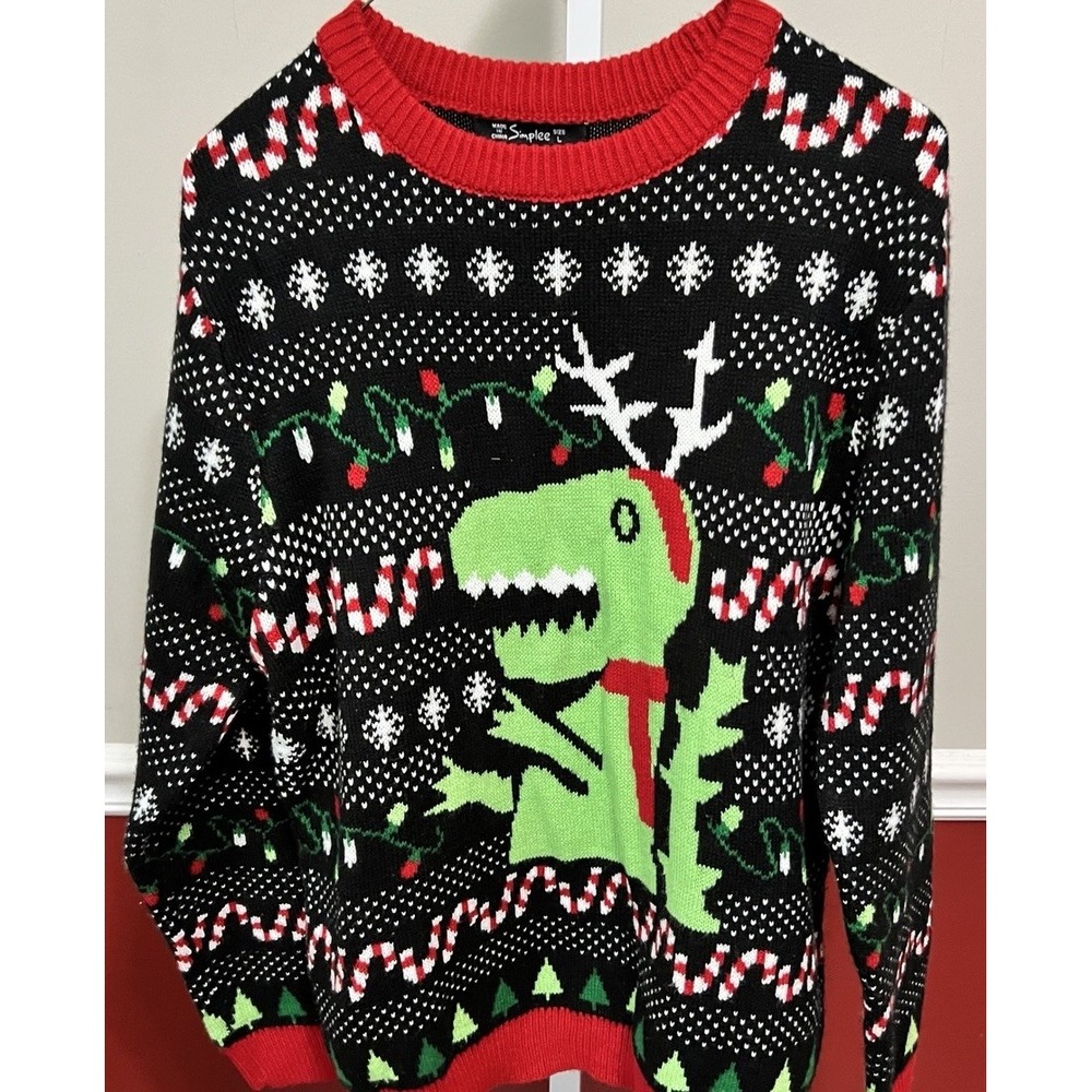 Simplee Ugly Christmas Sweater Women Black Red Green Dinosaur Candy Cane Trees L